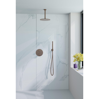 FugaFlow Eccelente Acces inbouw Regendoucheset - rond - thermostatisch - plafondarm - 25cm hoofddouche - staaf handdouche - Geborsteld koper PVD (Koper)