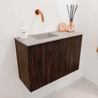 Mondiaz JOYA-DLUX 60cm meuble de salle de bains - couleur Walnut - Vasque FAYE position Gauche Sans trou de robinet couleur Glace.