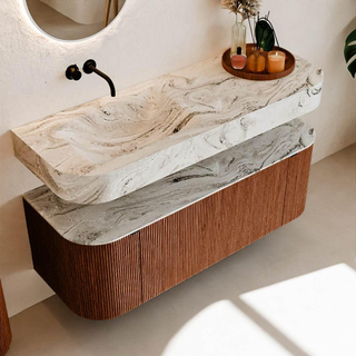 MONDIAZ THOR-DLUX 130cm meuble de salle de bains arrondi gauche + droite couleur Ruby avec 1 tiroir et 2 portes. Vasque suspendue CLOUD Gauche sans trou de robinet couleur Glace.