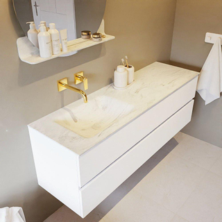 Mondiaz VICA-DLUX ensemble de meuble de salle de bain - 150cm - meuble sous vasque talc - 2 tiroirs - lavabo encastré cloud gauche - sans trous de robinet - version haute de 60cm - opalo