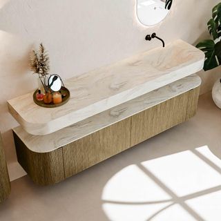 MONDIAZ THOR-DLUX 200cm meuble de salle de bains arrondi gauche + droite couleur Dusk avec 2 tiroirs et 2 portes. Vasque suspendue CLOUD Droite sans trou de robinet couleur Ostra.