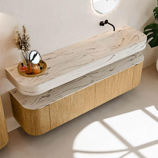 MONDIAZ THOR-DLUX 180cm badmeubel ronding links + rechts kleur Oak met 2 lades en 2 deuren. Vrijhangende wastafel CLOUD Rechts zonder kraangat kleur Nata.