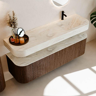 MONDIAZ THOR-DLUX Meuble de salle de bains 160cm arrondi gauche + droite couleur Walnut avec 1 tiroir et 2 portes. Vasque suspendue CLOUD Droite 1 trou de robinet couleur Ostra.