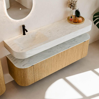 MONDIAZ THOR-DLUX 160cm meuble de salle de bains arrondi gauche + droite couleur Chêne avec 1 tiroir et 2 portes. Vasque suspendue CLOUD Gauche 1 trou de robinet couleur Opalo.