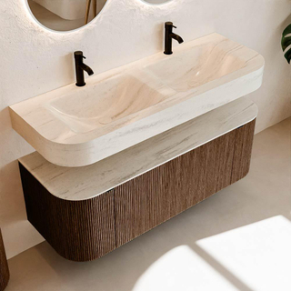 MONDIAZ THOR-DLUX 130cm meuble de salle de bains arrondi gauche + droite couleur Walnut avec 1 tiroir et 2 portes. Vasque suspendue CLOUD Double 2 trous de robinet couleur Meli.