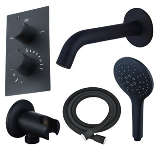 Fortifura Calvi Robinet de baignoire set - bec - 22cm réductible - corps lisse - douchette ronde - partie encastrable - support mural - noir mat