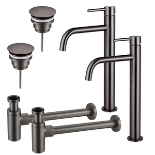 FortiFura Calvi Kit robinet lavabo - pour double vasque - robinet rehaussé - bonde non-obturable - siphon design - Gunmetal PVD