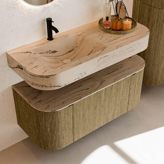 MONDIAZ THOR-DLUX 110cm meuble de salle de bains arrondi gauche + droite couleur Dusk avec 1 tiroir et 2 portes. Vasque suspendue CLOUD gauche 1 trou de robinet couleur Arena.