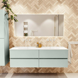 Mondiaz Vica ensemble de meuble de salle de bain - 160cm - meuble sous vasque greey - 4 tiroirs - lavabo moon double - sans trous de robinet - couleur talc - miroir LED - version XL 60cm de haut