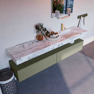 Mondiaz ALAN-DLUX Ensemble de meuble - 200cm - meuble Army mat - 2 tiroirs - Lavabo Cloud Glace suspendu - vasque Droite - 1 trou de robinet