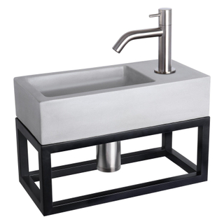 Differnz Ravo kit lave-mains - 38.5x18.5x25cm - Rectangulaire - 1 trou de robinet - Robinet chromé mat courbé - avec cadre noir - béton gris clair