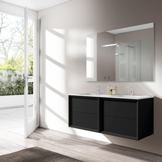 Adema Prime Core Ensemble de meuble - 120x50x45cm - 2 vasques rectangulaires Blanc - 2 trous de robinet - 4 tiroirs - avec miroir rectangulaire - Noir mat