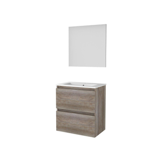 Basic-Line Basic 39 ensemble de meubles de salle de bain 60x39cm sans poignée 2 tiroirs lavabo en porcelaine 1 trou pour robinet miroir mfc scotch oak