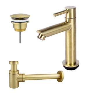 FugaFlow Eccelente Sobrado ensemble de robinets de lavabo avec robinet de lavabo sur pied bas, bouchon toujours ouvert et siphon design en laiton brossé pvd