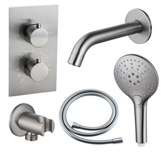 FugaFlow Eccelente Acces Badkraan set - uitloop - 22cm inkortbaar - gladde slang - ronde handdouche - inbouwdeel - wandhouder - geborsteld RVS PVD