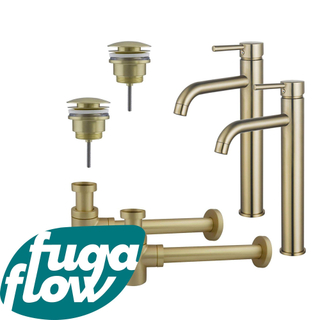 FugaFlow Eccelente Sobrado Badkamer Wastafelkraanset - voor dubbele wastafel - verhoogde wastafelkraan - klikwaste plug - verlaagde design sifon - PVD Geborsteld Messing