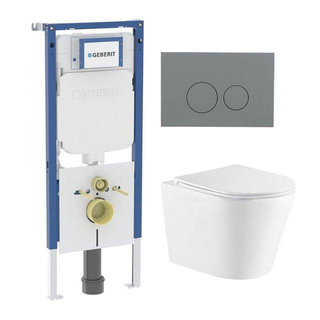 QeramiQ Dely Toiletset - 36.3x51.7cm - diepspoel - rimless - Geberit UP720 inbouwreservoir - softclose toiletzitting - bedieningsplaat licht grijs - ronde knoppen - wit glans