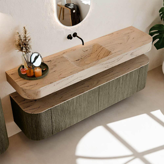 MONDIAZ THOR-DLUX 180cm badmeubel ronding links + rechts kleur Shadow met 2 lades en 2 deuren. Vrijhangende wastafel CLOUD Midden zonder kraangat kleur Arena.