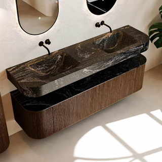 MONDIAZ THOR-DLUX 170cm meuble de salle de bains arrondi gauche + droite couleur Walnut avec 1 tiroir et 2 portes. Vasque suspendue CLOUD Double sans trou de robinet couleur Lava.