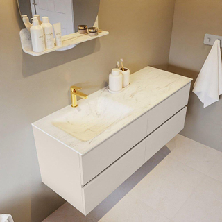 Mondiaz VICA-DLUX ensemble de meuble de salle de bain - 130cm - meuble sous lavabo lin - 4 tiroirs - lavabo encastrée nuage gauche - 1 trou de robinet - version haute de 60cm - opalo