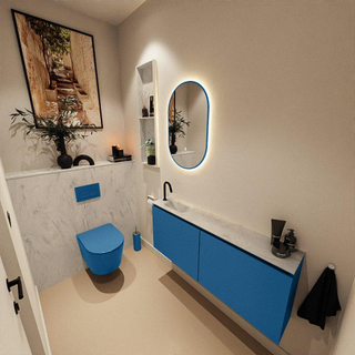 MONDIAZ TURE-DLUX Meuble toilette - 120cm - Jeans - EDEN - vasque Opalo - position gauche - 1 trou de robinet