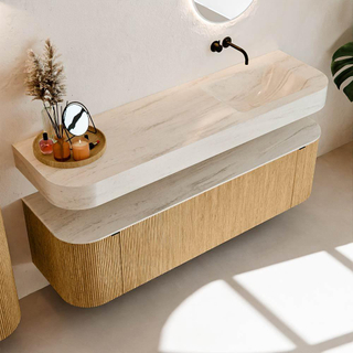 MONDIAZ THOR-DLUX 160cm meuble de salle de bains arrondi gauche + droite couleur Oak avec 1 tiroir et 2 portes. Vasque suspendue CLOUD Droite sans trou de robinet couleur Meli.