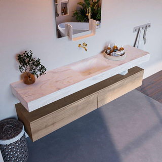 Mondiaz ALAN-DLUX Ensemble de meuble - 200cm - meuble Washed Oak mat - 2 tiroirs - Lavabo Cloud Ostra suspendu - vasque Centre - 0 trous de robinet