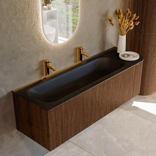 MONDIAZ KURVE 145cm badmeubel met module 25 R kleur Walnut met 1 lade en 1 deur. Wastafel BIG LARGE links 2 kraangaten Urban.