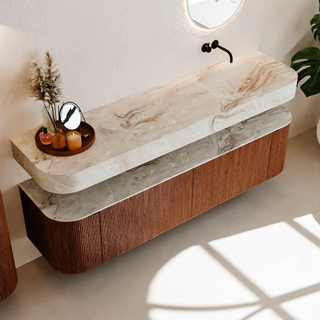 MONDIAZ THOR-DLUX 180cm meuble de salle de bains arrondi gauche + droite couleur Ruby avec 2 tiroirs et 2 portes. Vasque suspendue CLOUD Droite sans trou de robinet couleur Frappe.