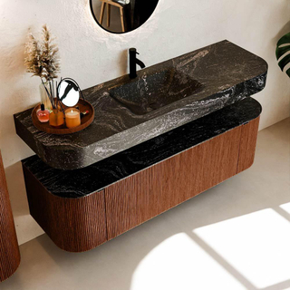 MONDIAZ THOR-DLUX 150cm meuble de salle de bains arrondi gauche + droite couleur Ruby avec 1 tiroir et 2 portes. Vasque suspendue CLOUD Milieu 1 trou de robinet couleur Lava.