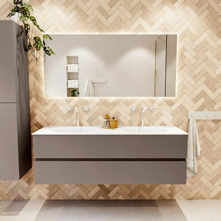 Mondiaz VICA ensemble de meuble de salle de bain - 150cm - meuble sous-vasque fumée - 2 tiroirs - lavabo lune double - 2 trous de robinet - couleur talc - miroir LED - version XL 60cm de haut