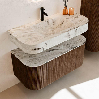 MONDIAZ THOR-DLUX 100cm meuble de salle de bains arrondi gauche + droite couleur Walnut avec 1 tiroir et 2 portes. Vasque suspendue CLOUD Milieu 1 trou de robinet couleur Glace.