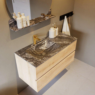 Mondiaz VICA-DLUX ensemble de meuble de salle de bain - 100cm - meuble sous-vasque chêne blanchi - 2 tiroirs - lavabo encastré cloud gauche - 1 trou de robinet - miroir modèle spot - version XL 60cm de haut - lave