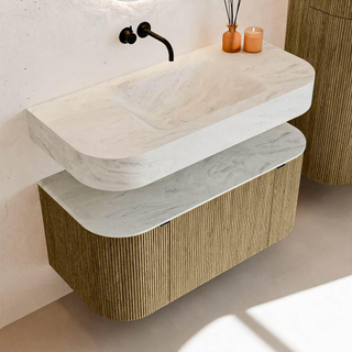 MONDIAZ THOR-DLUX 100cm meuble de salle de bains arrondi gauche + droite couleur Dusk avec 1 tiroir et 2 portes. Vasque suspendue CLOUD Milieu sans trou de robinet couleur Opalo.