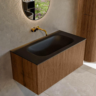 MONDIAZ KURVE 90cm Meuble salle de bain - couleur Walnut - 1 tiroir - vasque BIG SMALL centre - sans trous de robinet - Urban