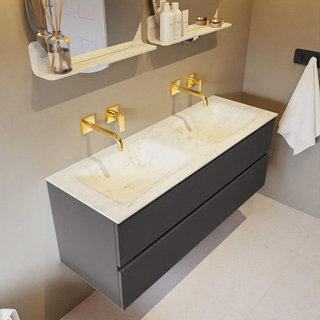 Mondiaz VICA-DLUX ensemble de meuble de salle de bain - 130cm - meuble sous-vasque gris foncé - 2 tiroirs - lavabo encastré cloud double - sans trous de robinet - version haute de 60cm - opalo