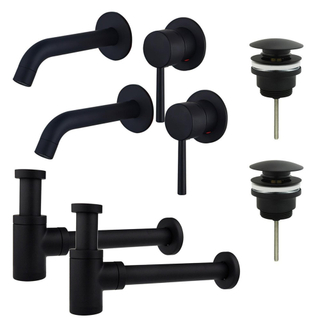 FugaFlow Eccelente Sobrado Slim Kit robinet lavabo - pour double vasque - robinet rehaussé - bonde clic clac - siphon design bas - Noir mat