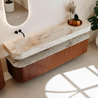 MONDIAZ THOR-DLUX Meuble de salle de bains - 190cm - arrondi gauche + droite - couleur Ruby - 2 tiroirs - 2 portes - Vasque suspendue CLOUD Gauche sans trou de robinet - couleur Frappe