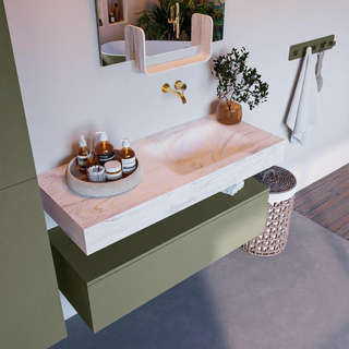 Mondiaz ALAN-DLUX Ensemble de meuble - 110cm - meuble Army mat - 1 tiroir - Lavabo Cloud Ostra suspendu - vasque Droite - 0 trous de robinet