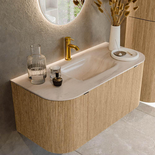 MONDIAZ KURVE-DLUX 100cm badmeubel ronding Links + Rechts kleur Oak met 1 lade en 2 deuren. Wastafel GRUNNE Midden 1 kraangat Meli.