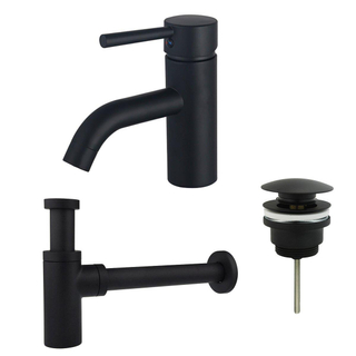 FortiFura Calvi Kit mitigeur lavabo - robinet bas - bonde clic clac - siphon design - Noir mat