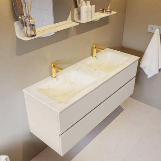 Mondiaz VICA-DLUX ensemble de meuble de salle de bain - 130cm - meuble sous-vasque lin - 4 tiroirs - lavabo encastré cloud double - 2 trous de robinet - version haute de 60cm - opalo