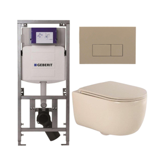 QeramiQ Dely Swirl Toiletset - 36.3x51.7cm - Geberit UP320 inbouwreservoir - met Burda frame - slimzitting - bedieningsplaat taupe - rechthoekige knoppen - beige