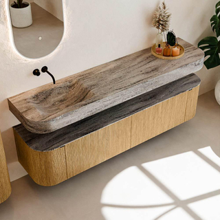 MONDIAZ THOR-DLUX Meuble de salle de bains 190cm arrondi gauche + droite couleur Oak avec 2 tiroirs et 2 portes. Vasque suspendue CLOUD Gauche sans trou de robinet couleur Oza.