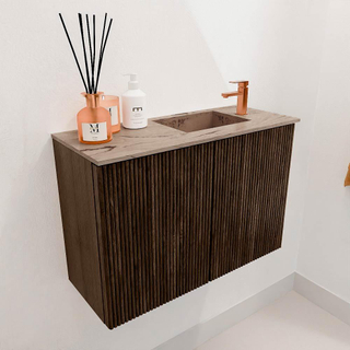 Mondiaz JOYA-DLUX 60cm toiletmeubel - kleur Walnut - Wastafel FAYE positie Rechts 1 kraangat kleur Arena.