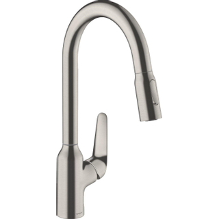 Hansgrohe M42 M4216-H220 Mitigeur de cuisine 1 trou avec douchette extractible et bec pivotant à 360° en acier inoxydable