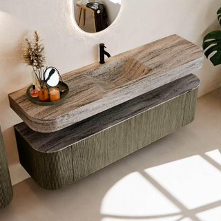 MONDIAZ THOR-DLUX Meuble de salle de bains 170cm arrondi gauche + droite couleur Shadow avec 1 tiroir et 2 portes. Vasque suspendue CLOUD Milieu 1 trou de robinet couleur Oza.