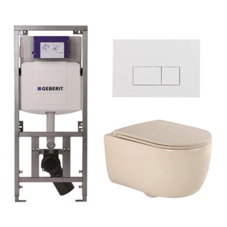 QeramiQ Dely Swirl Toiletset - 36.3x51.7cm - Geberit UP320 inbouwreservoir - met Burda frame - slimzitting - glans witte bedieningsplaat - rechthoekige knoppen - beige