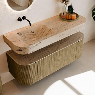 MONDIAZ THOR-DLUX 130cm meuble de salle de bains arrondi gauche + droite couleur Dusk avec 1 tiroir et 2 portes. Vasque suspendue CLOUD Gauche sans trou de robinet couleur Arena.