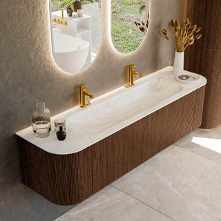 MONDIAZ KURVE-DLUX 170cm badmeubel met module 25 Len R kleur Walnut met 1 lade en 2 deuren. Wastafel BIG LARGE midden 2 kraangaten kleur Ostra.